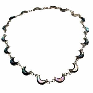 Vintage Abalone Shell Crescent Moon Link Necklace Silver Tone